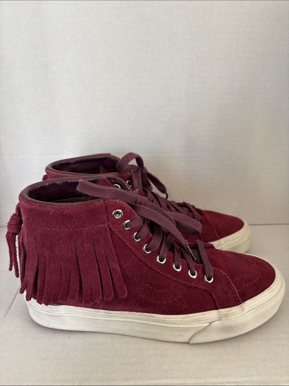 Vans Burgundy Suede High-Top Sneakers with Fringe